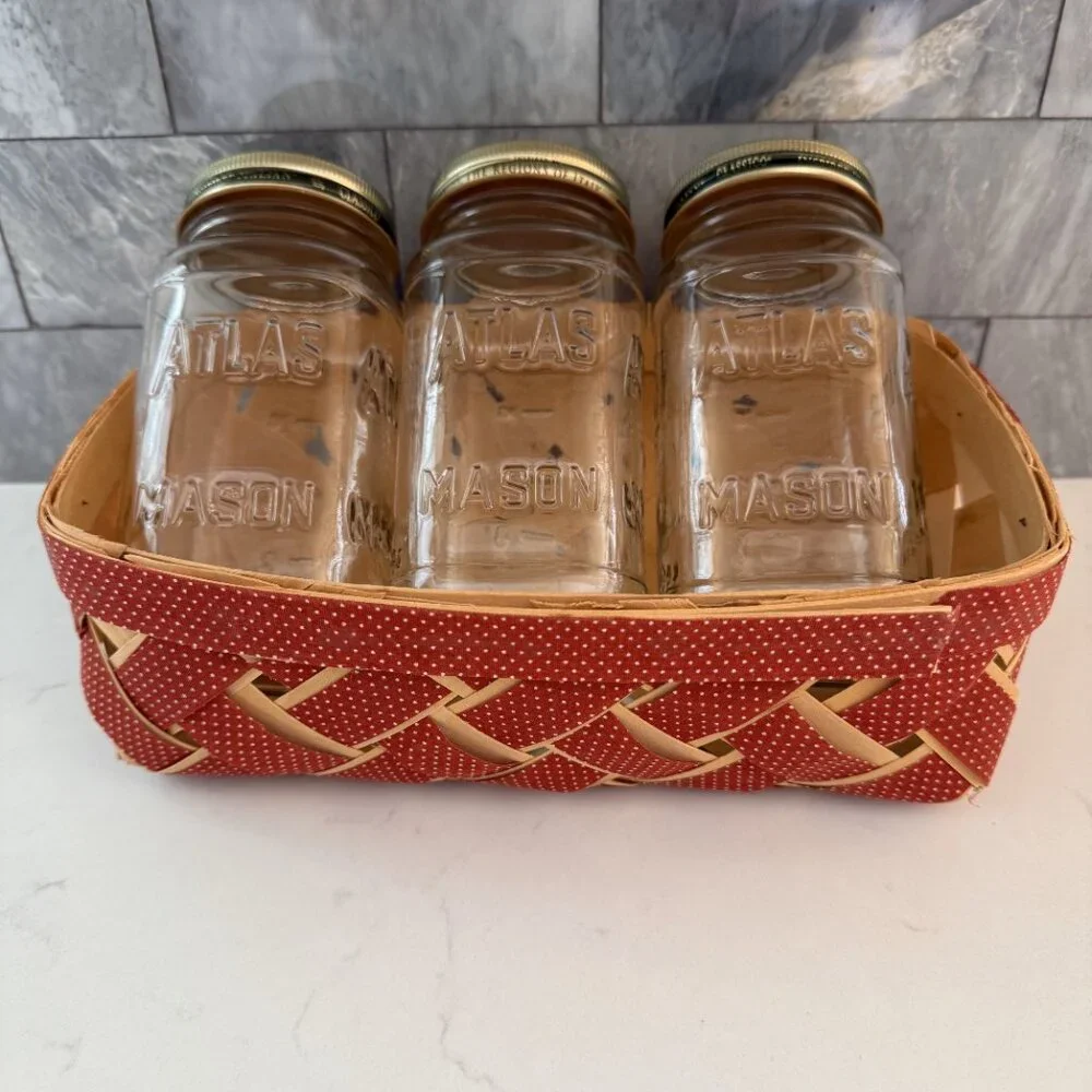 Vtg Farmhouse Split Slat Wood Woven Red Ribbon Basket w 20 oz Atlas Mason Jars